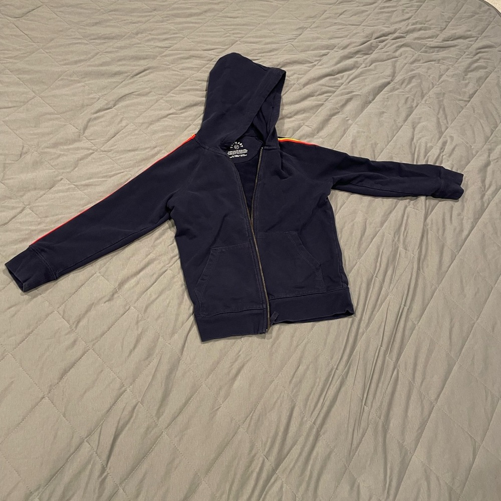 Primary Brand Navy Blue Kids Hoodie with Rainbow Sleeve Accents Size 6-7